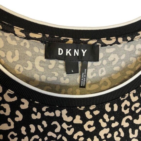 DKNY Women Large Leopard Print Short Sleeve Top Contrasting Trim Black & Beige - Picture 4 of 8